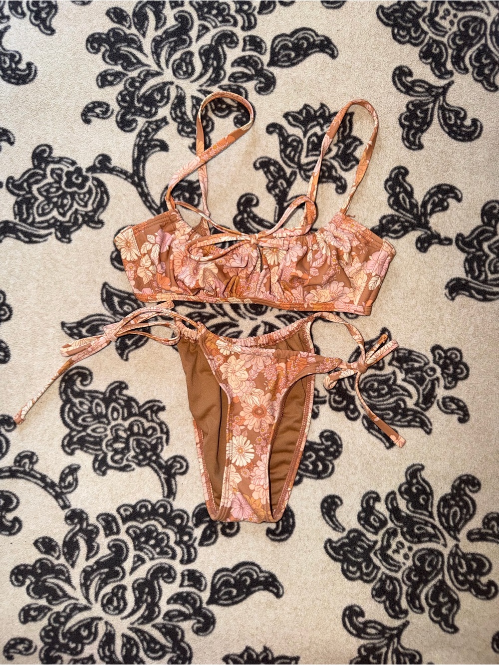 Floral Tie-Side Bikini Set in Peach and Brown